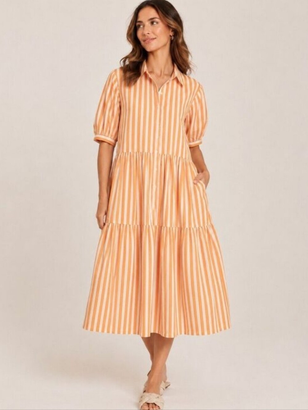 Maye Marnie Striped Shirt Dress Sz XL 100% Cotton Tangerine Orange White Tiered